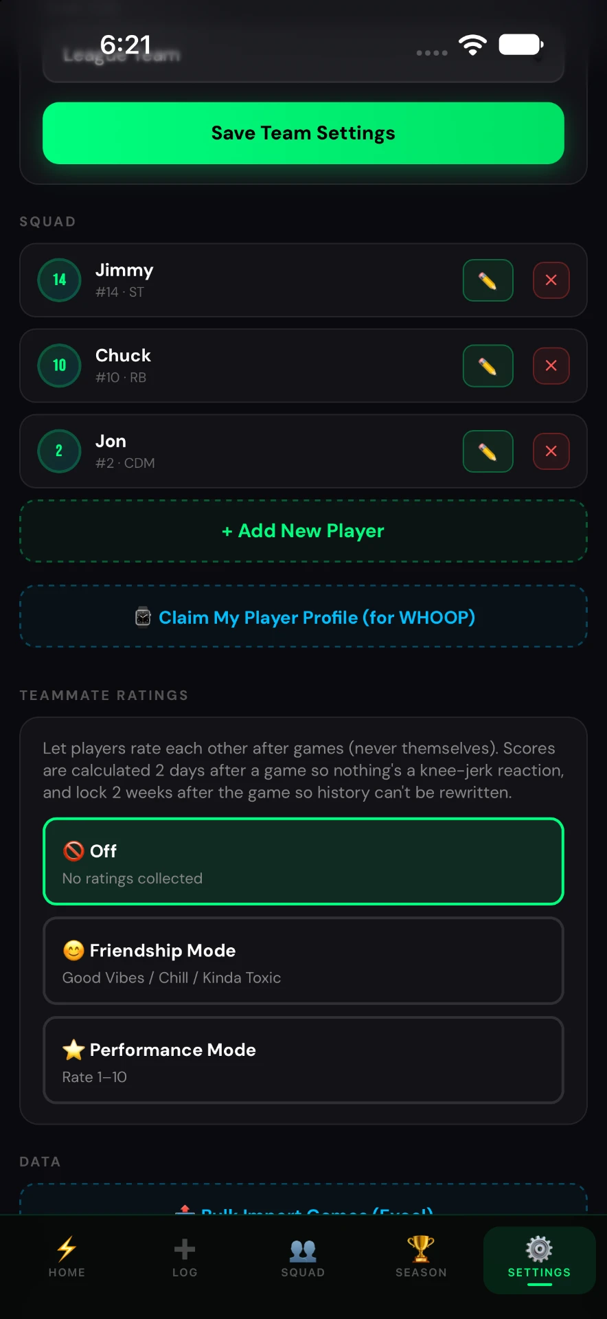 Goal Tally team settings screen with the squad list and teammate ratings options
