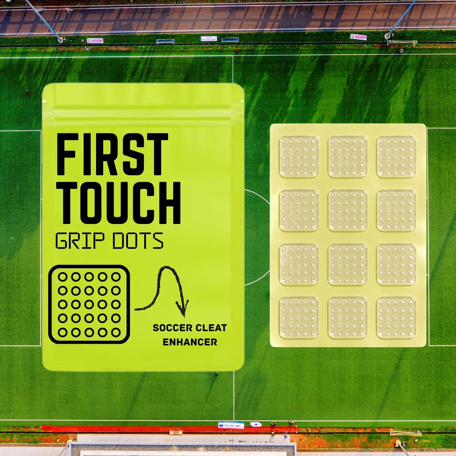 First Touch Grip Dots packaging with a sheet of 12 grip patches, shot from above on a soccer pitch