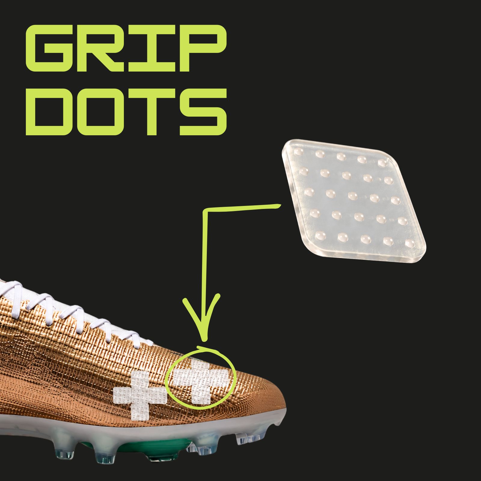 Soccer cleat with Goal Tally Grip Dots applied to the strike zone