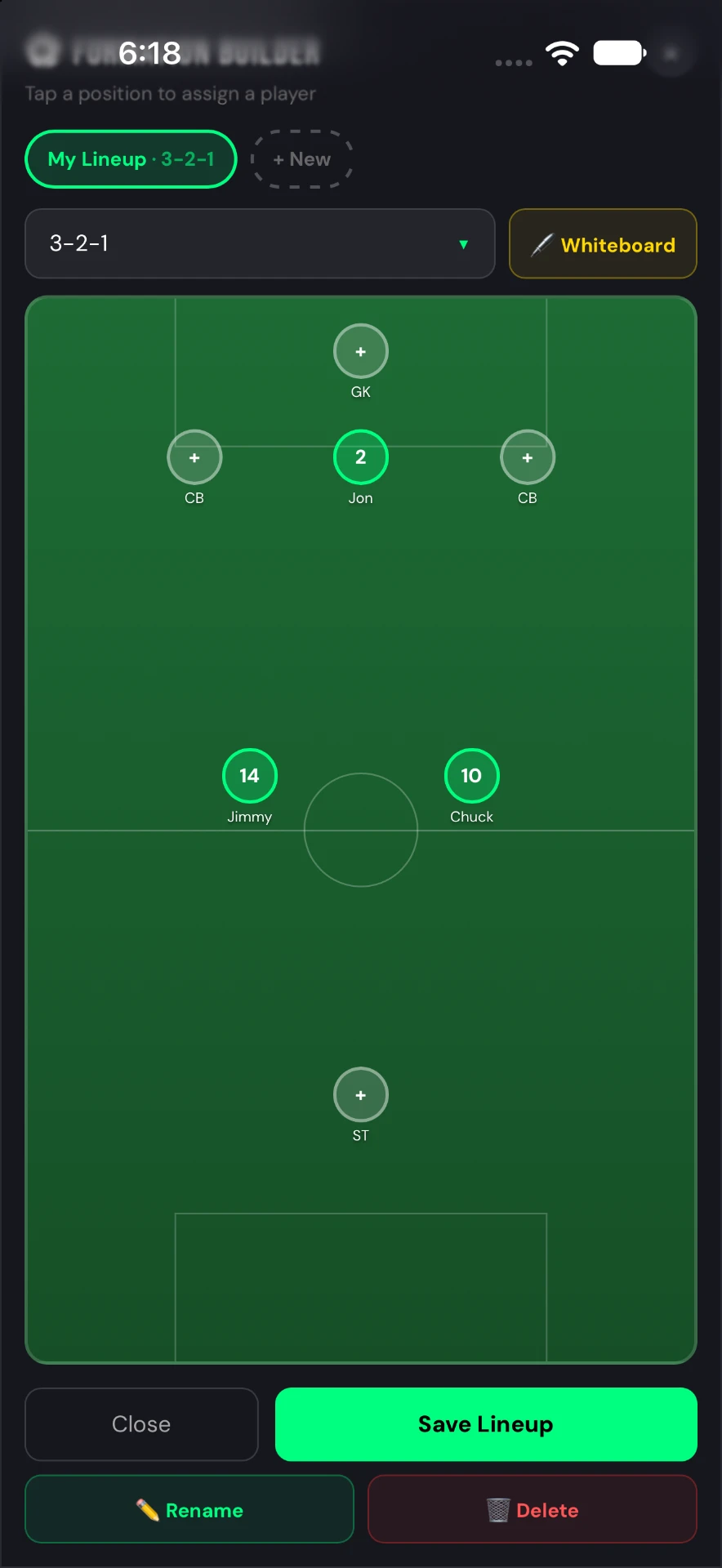 Goal Tally formation builder with the 3-2-1 lineup filled with players