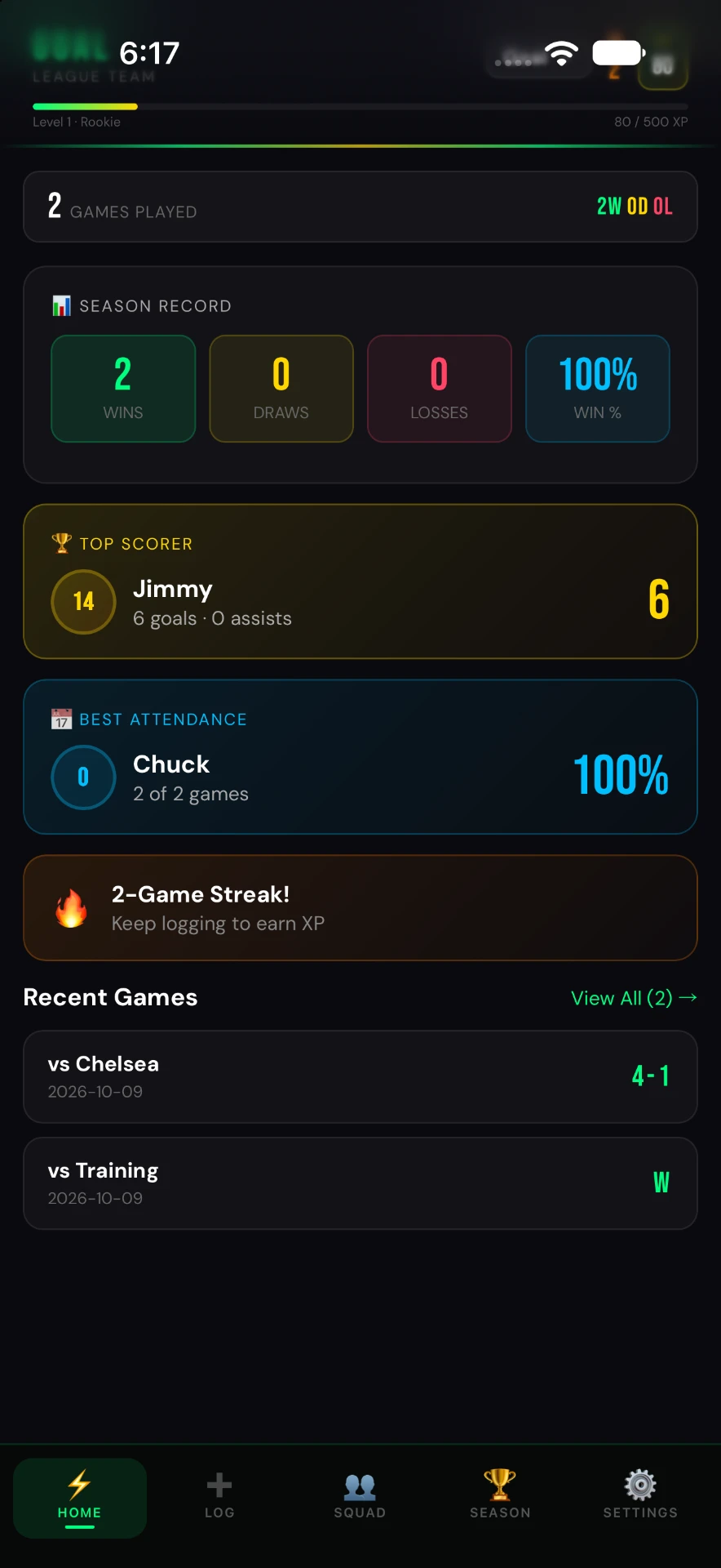Goal Tally app home screen showing level and XP, season record, top scorer and recent games