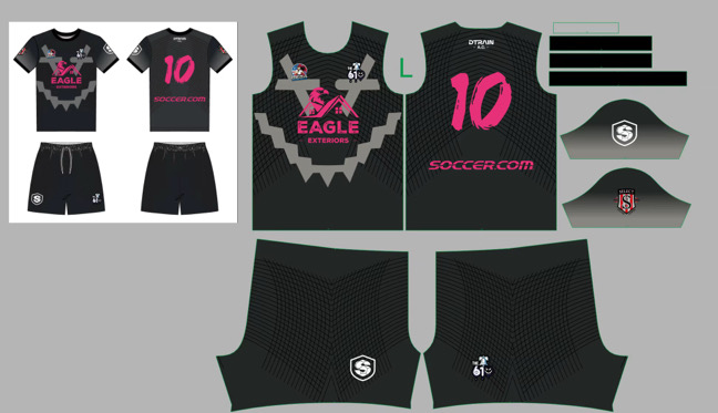 Design sheet showing a complete custom kit — jersey front and back, shorts and sock panels