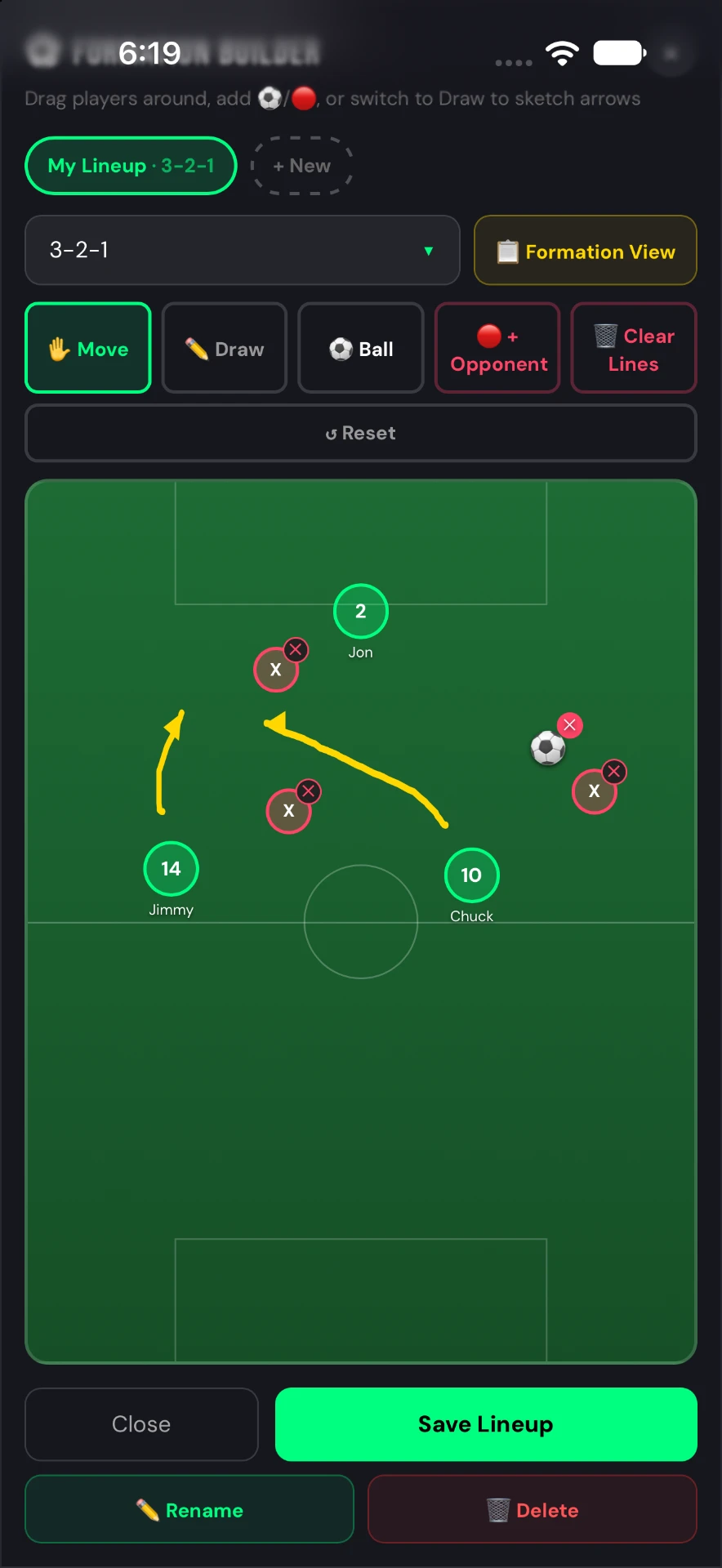 Goal Tally formation whiteboard with players, opponents and drawn movement arrows