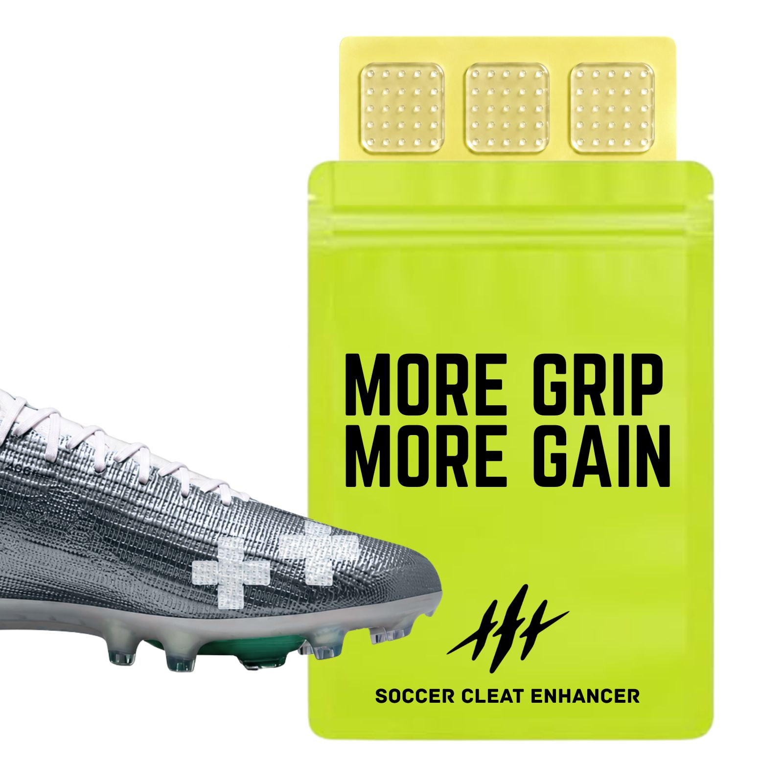 Silver cleat with Grip Dots applied next to the Grip Dots pack
