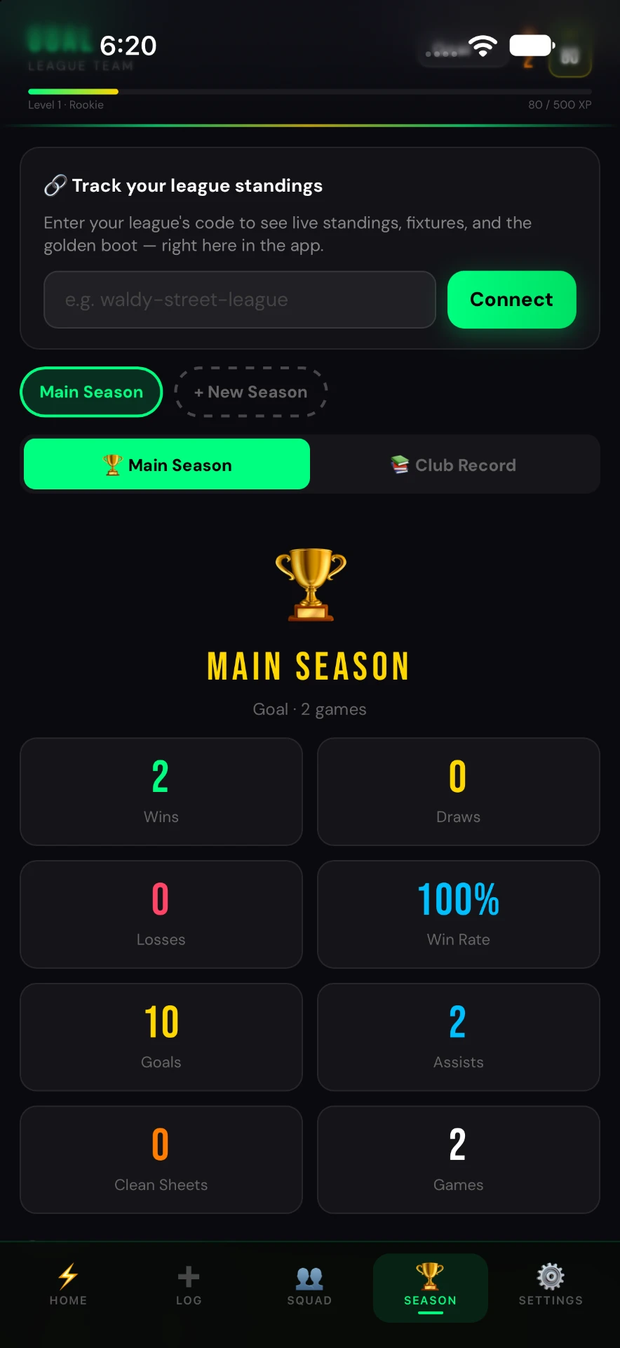 Goal Tally season screen with XP progress, league connect and the main season record
