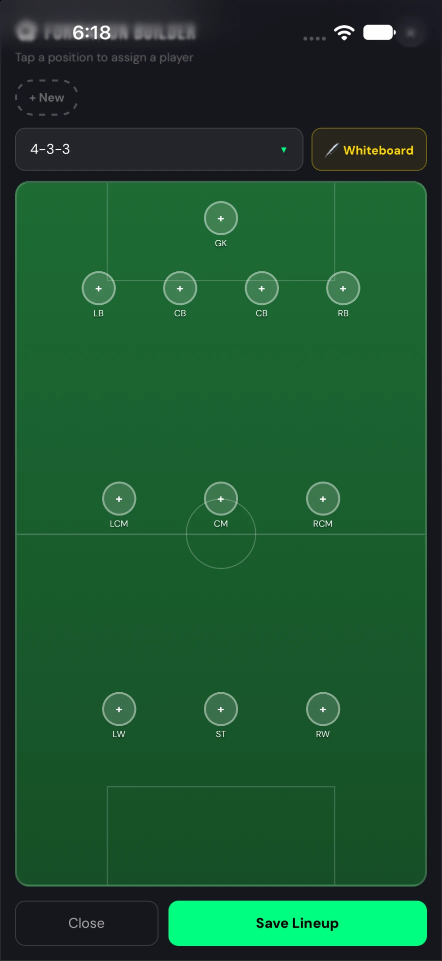 Goal Tally formation builder with a 4-3-3 formation and open position slots