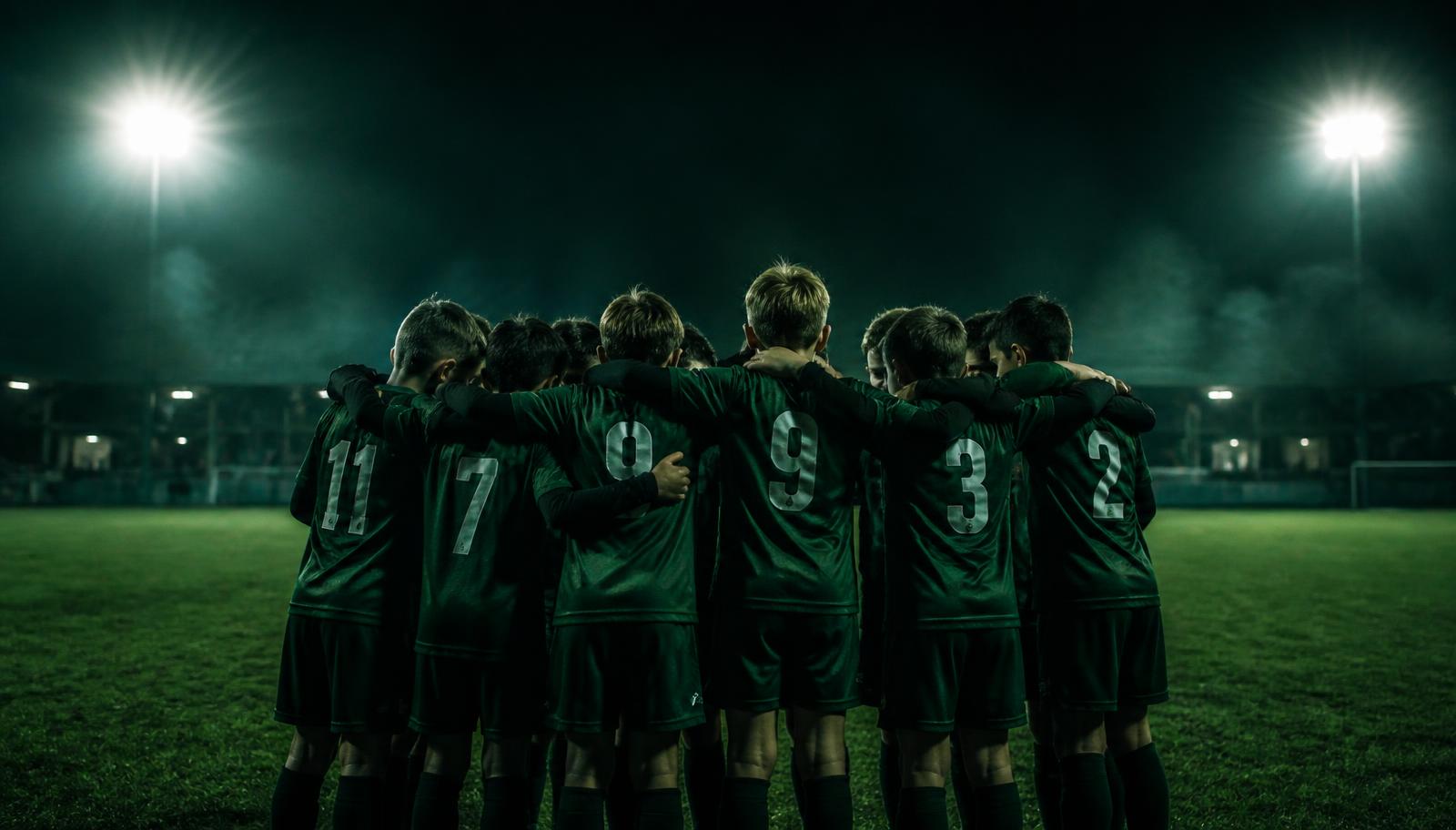 Soccer team huddled under stadium floodlights